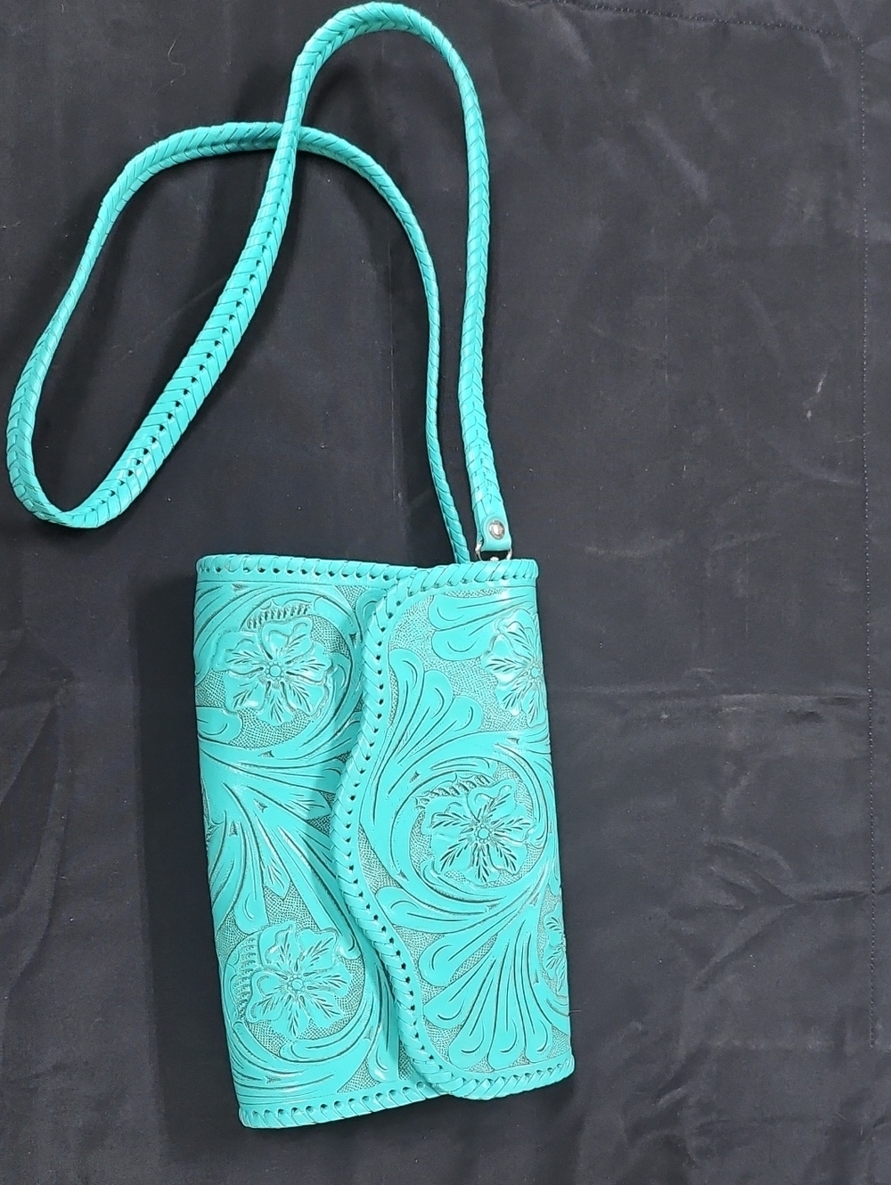 Tooled Turquoise Leather Crossbody Bag